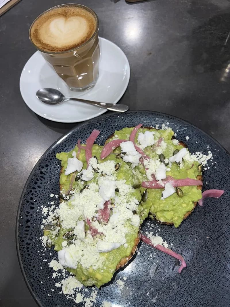 Smashed avocado on toast with a flat white coffee